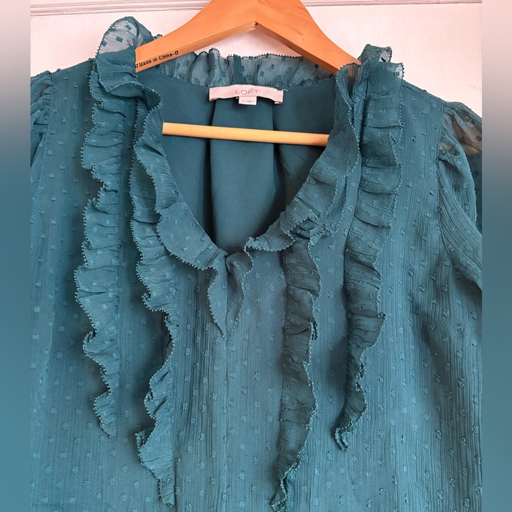 LOFT Teal Ruffle Blouse size small - Picture 2 of 7